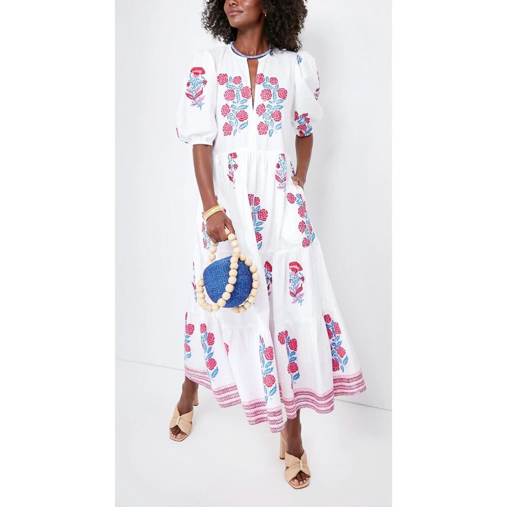 OLIPHANT Tuckernuck Pink Blue Block Print Grandiflora Puff Sleeve Maxi Dress XL